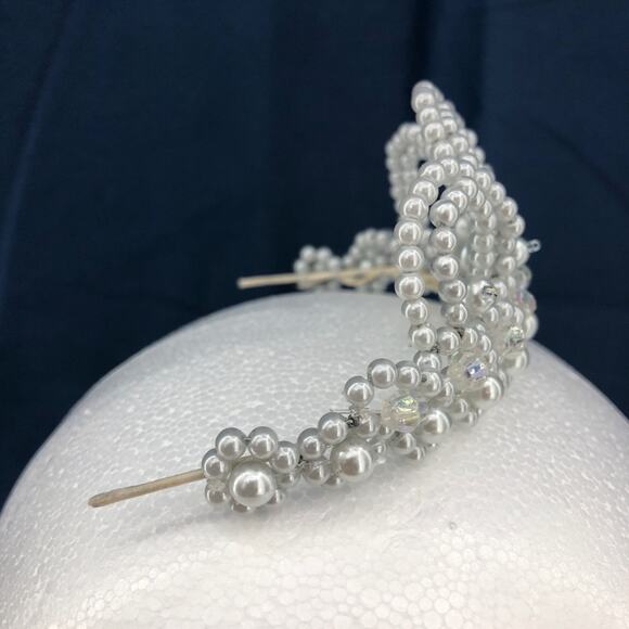 American VINTAGE 90's Handmade Mini Tiara Beaded w/ Pearl Silver Crystal Beads - Picture 3 of 4